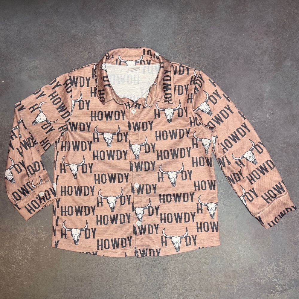 Boys Western “Howdy” Bull Skull Button Up Shirt Size 5 Cowboy Rodeo Top